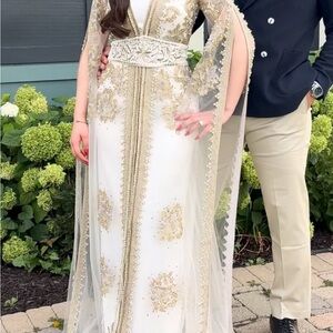 Elegant White & Gold Embellished Arabian bridal kaftan